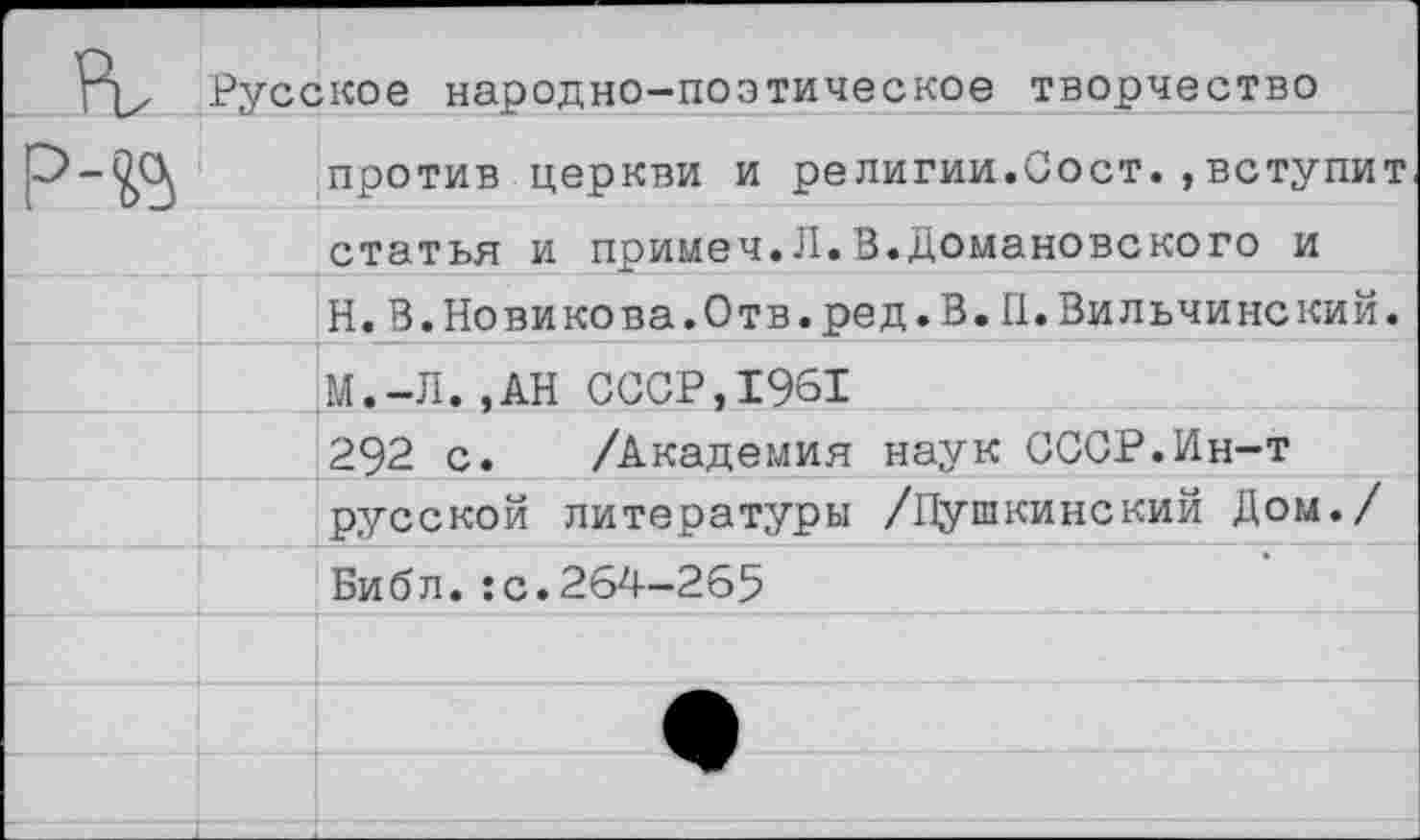 ﻿Русское народно-поэтическое творчество против церкви и религии.Сост.,вступит статья и примеч.Л.В.Домановского и Н.В.Новикова.Отв.ред.В.П.Вильчинский. М.-Л.,АН СССР,1961 292 с. /Академия наук СССР.Ин-т русской литературы /Пушкинский Дом./ Библ.:с.264-265